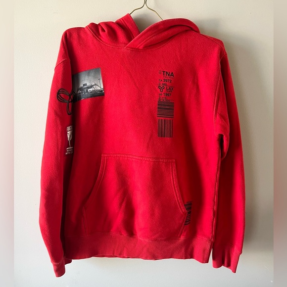 TNA Sweaters - Aritzia TNA 1997 Logo Airport Graphic Hoodie-Red-XS-streetwear-loungewear-grunge